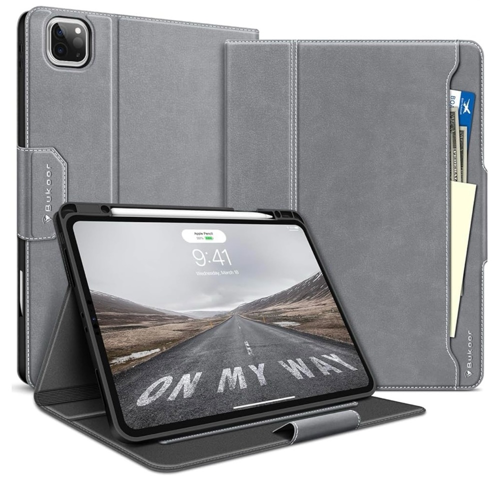BuKoor Ipad Pro 12.9” Case Magnetic Clasp Cover with pencil holder (Grey)